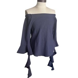 NWT J.O.A. Navy Off Shoulder Peasant Top Long Sleeve SZ M Boho Witchy Hipster